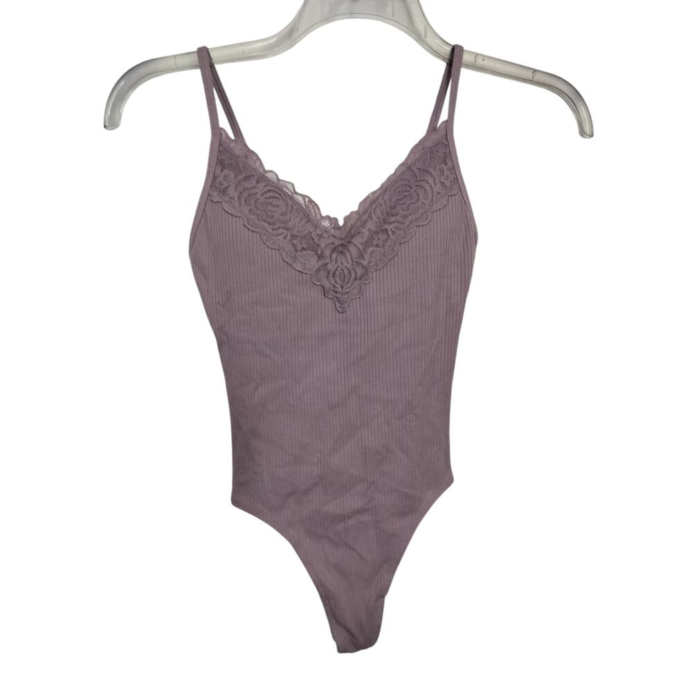 PINK Victoria's Secret Mauve Lace-Trim Ribbed Bodysuit